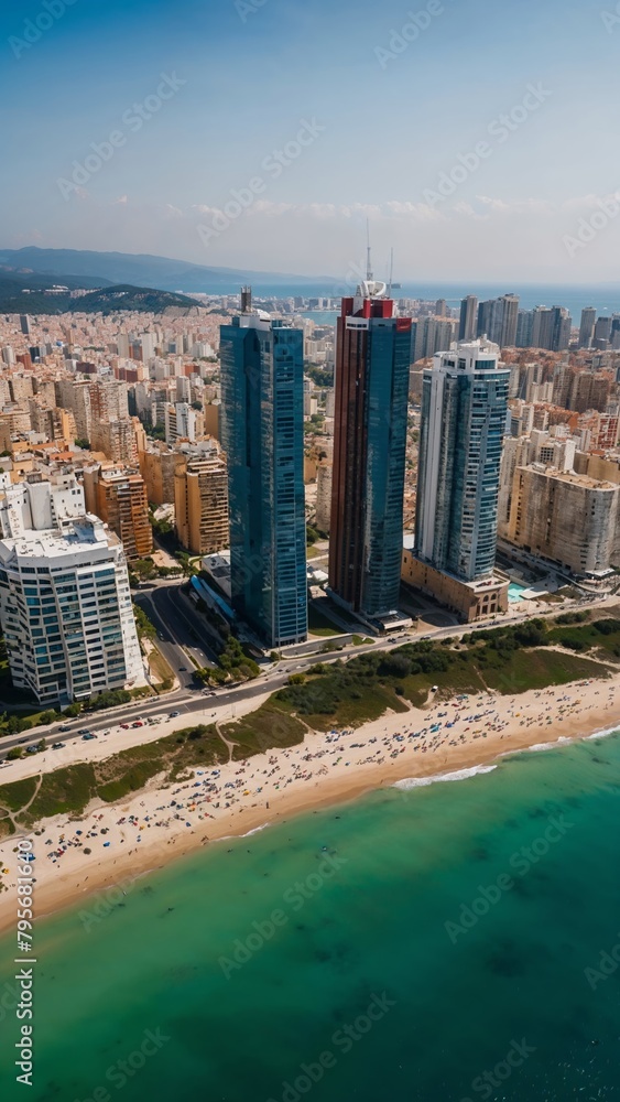 Wall mural A city with a beach and tall buildings