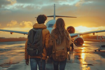 Two people standing on the airstrip, looking at the airplane engines, with a beautiful sunset in the background