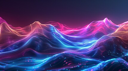 A vibrant digital waves of neon lights in a spectrum of pink, blue, and purple hues creating a dynamic and flowing digital landscape