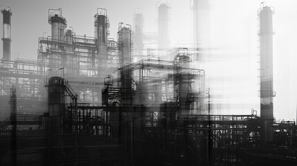 Abstract industrial landscape, a high-contrast, monochromatic image that captures the ghostly blurs and layered transparencies of industrial structures