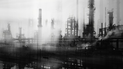 Abstract industrial landscape, a high-contrast, monochromatic image that captures the ghostly blurs and layered transparencies of industrial structures