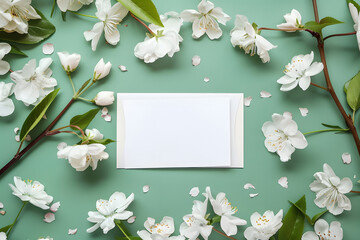 Stylish elegant flat lay olive green floristic greeting invitation post card with copy space mockup.