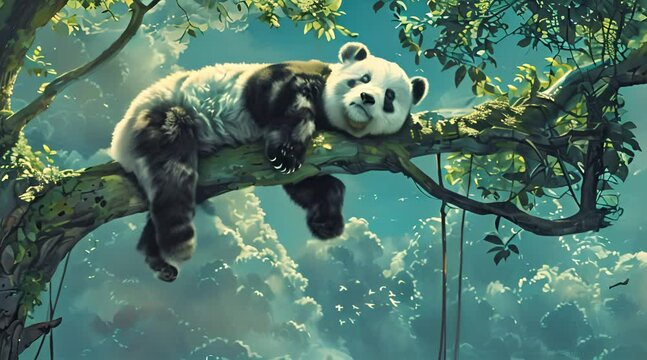 fat panda lying on a tree branch