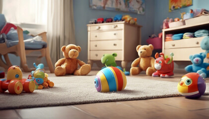 Toys lying on the floor in the baby's room.