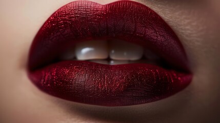 Macro shot of lips adorned with ruby red lipstick, showcasing a deep color and textured finish