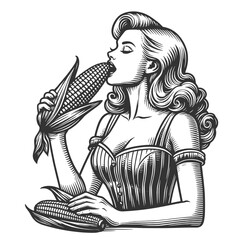 pin-up girl with an ear of corn, capturing a classic Americana vibe sketch engraving generative ai fictional character vector illustration. Scratch board imitation. Black and white image. - 795682845