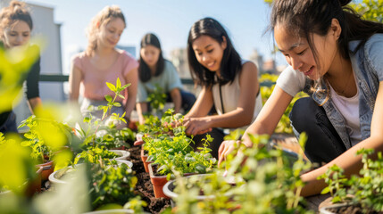 Urban gardening workshop on a sunny rooftop. Diverse group of people of different ages and ethnicities planting herbs and small vegetables in recycled containers