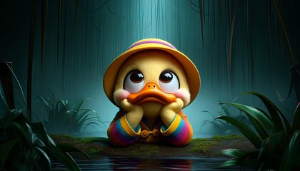 A duck is sitting in a pond with a hat on