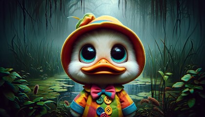 A cartoon duck is sitting in a pond with tall grass. The duck has a serious expression on its face