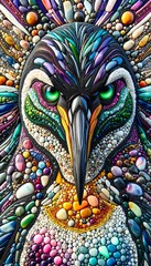 Fototapeta premium A colorful penguin made of beads and stones. The penguin is wearing a necklace and has a blue and white face