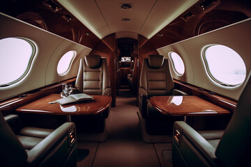 Luxury interior in the modern business jet and sunlight at the window. Sky and clouds through the porthole