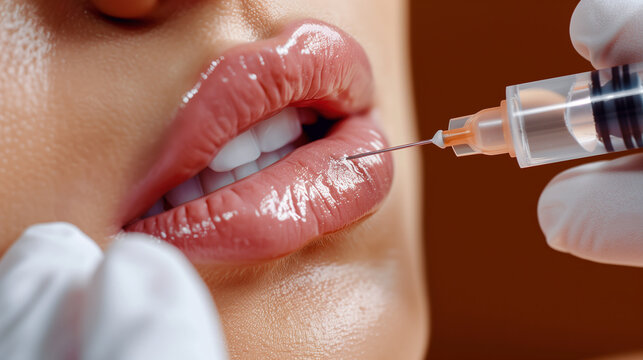 close up doctor hands in medical glove give filler of botox injection in lips. aesthetic plastic medicine surgery, dermatology beauty concept