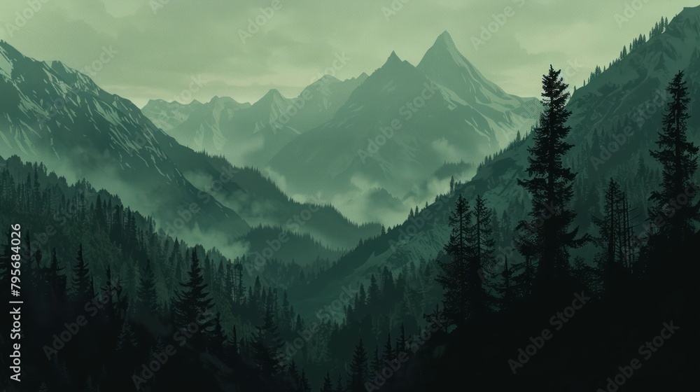 Poster a mountain range with a foggy atmosphere and a few trees. the mountains are covered in snow and the 
