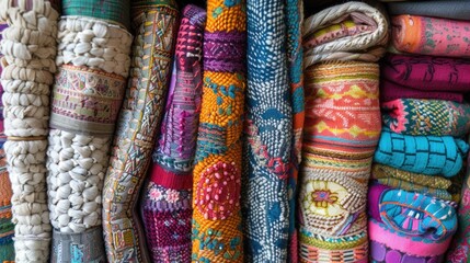 A vibrant array of various textiles presents an eclectic mix of colors and patterns, perfect for creative inspiration and decor