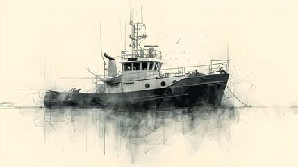 Naklejka premium A minimalist sketch of a small tugboat in a large harbor