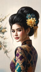 A woman with a flower in her hair is the main subject of the image. The flower is yellow and is placed on her head. The woman is wearing a purple and gold dress, and she has a very pretty