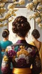 Three women are standing in front of a painting of a woman with a flowery dress. The women are wearing traditional Asian clothing