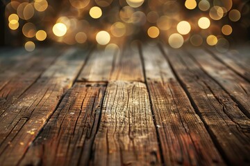 Perspective wood and bokeh light background. product display template