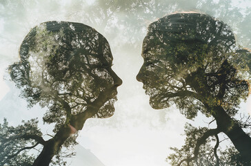 Translucent profile of a young woman, on a green background of trees, unity with nature, close-up, translucent photo collage