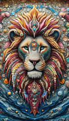 A colorful lion with a blue eye and a pink nose