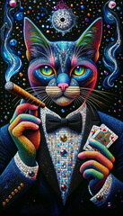 A colorful cat is wearing a suit and tie and holding a cigarette. The cat is surrounded by a galaxy of stars and planets, giving the image a whimsical and playful vibe