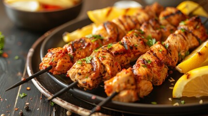 Plate of chicken skewers with lemon slices and fries