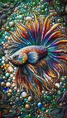 A colorful fish with a long tail is swimming in a sea of colorful beads
