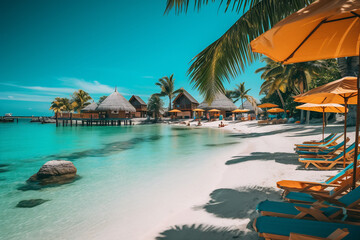 Naklejka premium Umbrellas and chaise longues perfect beach with blue transparent sea