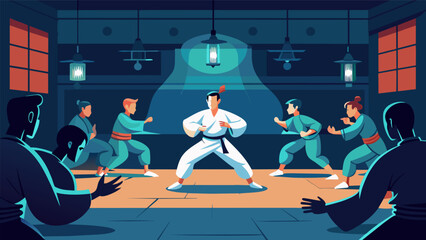 In a dimly lit dojo students perfect their defensive maneuvers under the watchful eye of a trained martial arts master.