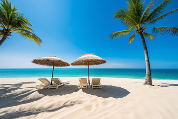 Fototapeta premium Umbrellas and chaise longues perfect beach with blue transparent sea