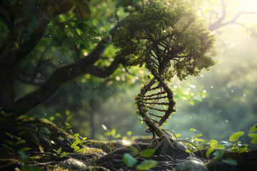 Genetic Tree Transformation in Serene Forest - obrazy, fototapety, plakaty