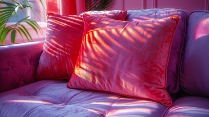   A tight shot of two red pillows on a couch, nearby is a potted plant in the room's corner