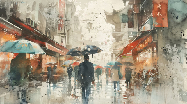 Serene Streetscape with Umbrellas in Rain