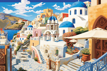 Illustration of a Santorini city landscape with buildings. Illustration for your design