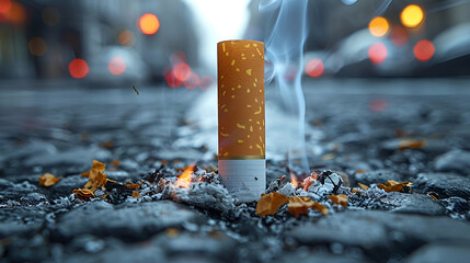 A Cigarette Butt Thrown in the Street ,
Cigarette butt with ash and smoke on dark background closeup