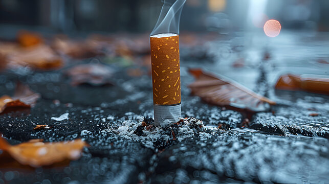 A Cigarette Butt Thrown in the Street ,
Cigarette butt with smoke on dark background