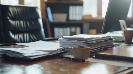 Executive Office Desk with Busy Paperwork Arrangement