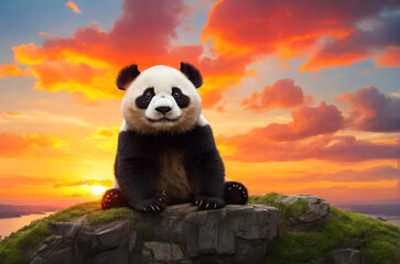 a cute panda on the top of the mountain