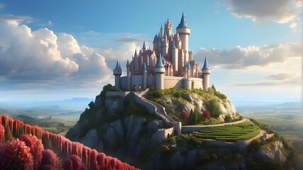 Type of Image: Digital Illustration, Subject Description: A digital illustration depicting a majestic castle on a hill overlooking a vineyard, Art Styles: Fantasy, Art Inspirations: Fantasy concept ar