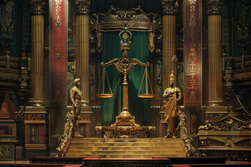 Baroque Courtroom with Golden Scale and Justice Figurine
