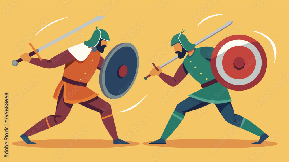 Poster using only their shields and short swords two warriors engage in a mock battle displaying the quick 