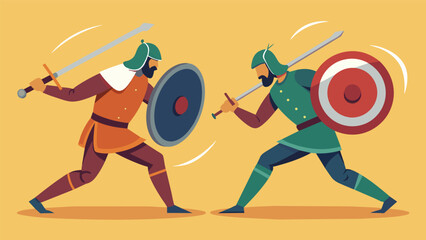 Using only their shields and short swords two warriors engage in a mock battle displaying the quick reflexes and coordination necessary to