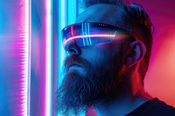 Portrait of male model in futuristic glasses, bearded man like cyborg on dark neon background. Theme of fashion, technology, vr, face, future