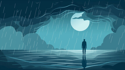 Vector art illustration of a lonely figure under a rain stormy sky, minimalistic design in grey-blue and grey-green tones, mood: loneliness, despair, hopelessness, betrayal - obrazy, fototapety, plakaty