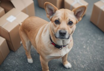 Obraz premium Adorable dog standing among cardboard moving boxes. Represents home relocation and the comfort of pets.