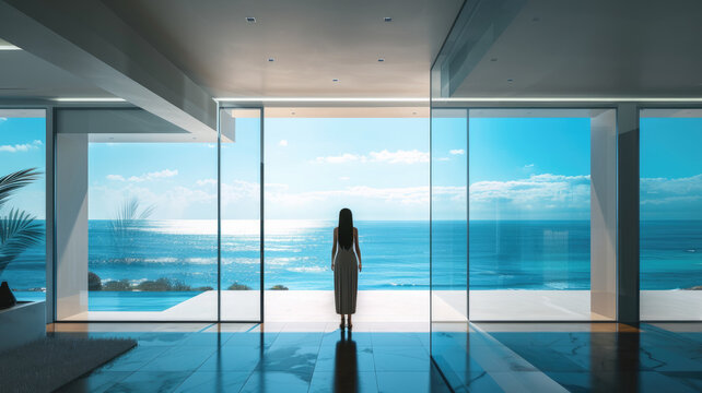 Lonely young woman stands at luxury home interior and looks at sea behind window, person and stunning amazing view from apartment. Theme of beach, modern house, living room