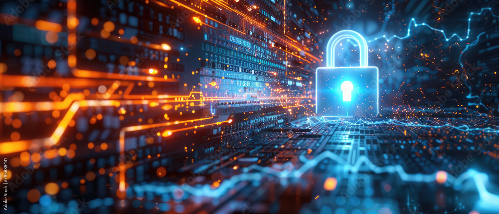 Wall mural padlock in dark cyber world, abstract digital data background, secure computer information. theme of