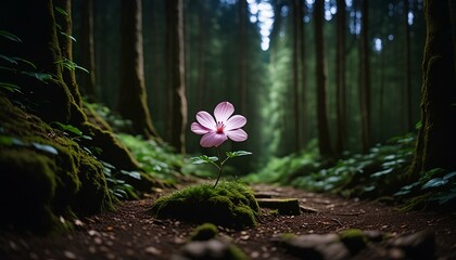 a single pink flower in a dark forest