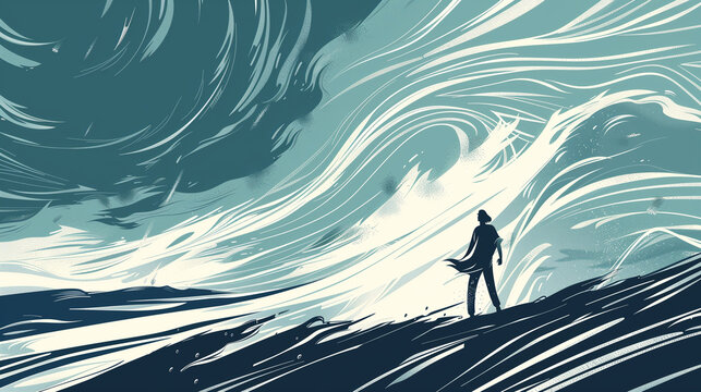 Vector art illustration of a lone figure walking under a stormy sky through rain, wind and storm, leaning forward against a strong wind, minimalist design, mood: loneliness, despair, hopelessness