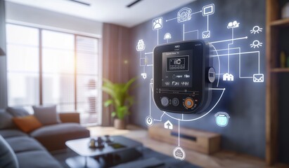 Smart meter, Smart metering, Advanced Data Logger Equipment with Connectivity Indicators in a High-Tech Network Hub. A smart meter with digital icons of home appliances around it